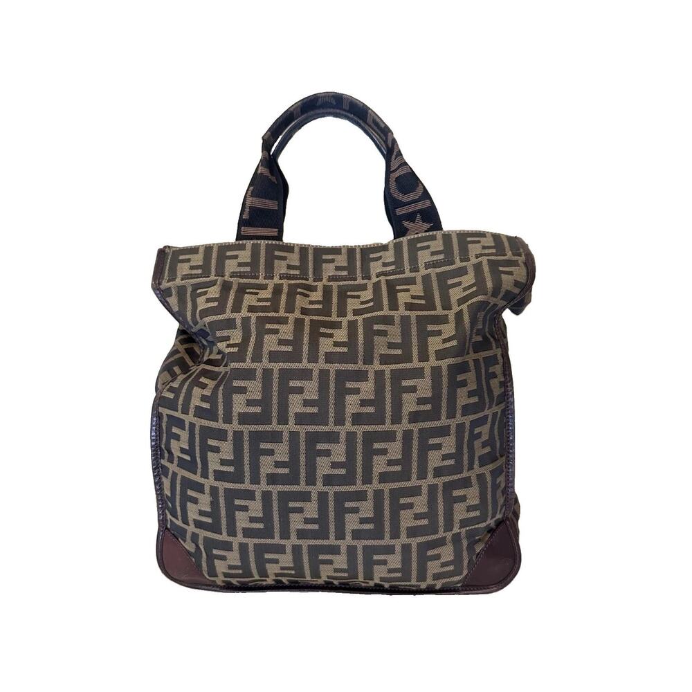 Fendi Tote Bag Womens Medium Brown Zucca FF Monogram Canvas Logo Leather Italy